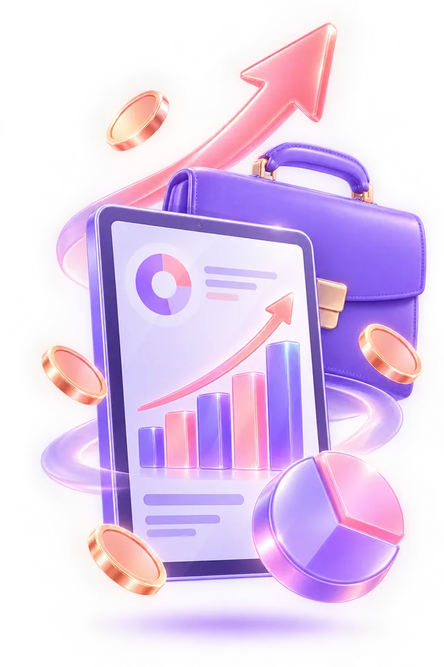 A tablet with a sales presentation, a briefcase and growth charts