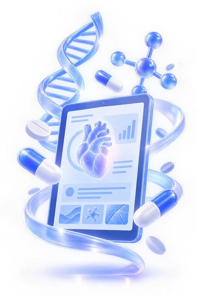 A tablet with a medical presentation, capsules and a molecule