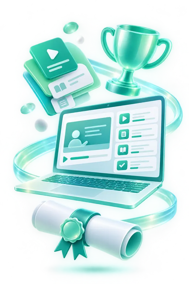 A laptop with an online course, a certificate and a trophy
