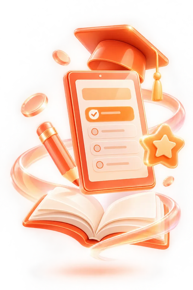 A tablet with an interactive lesson, a book and a graduation cap